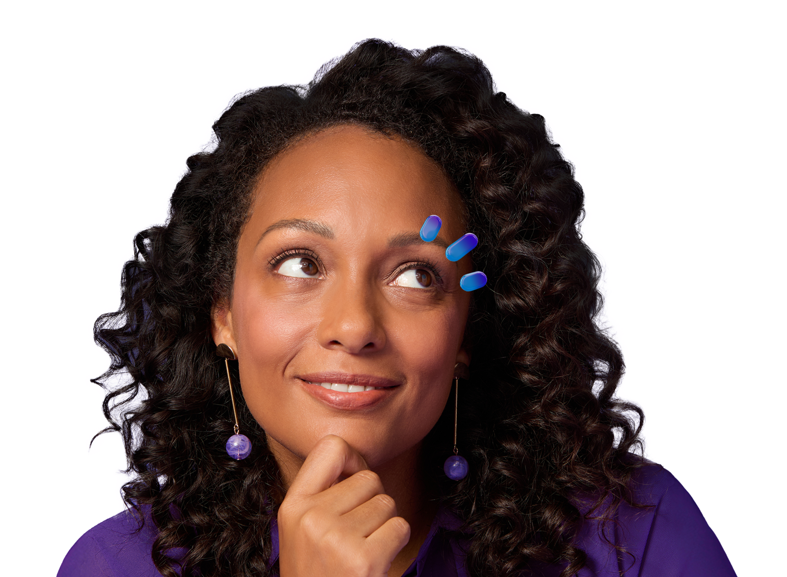 Woman in purple looking up with three drops above her eye