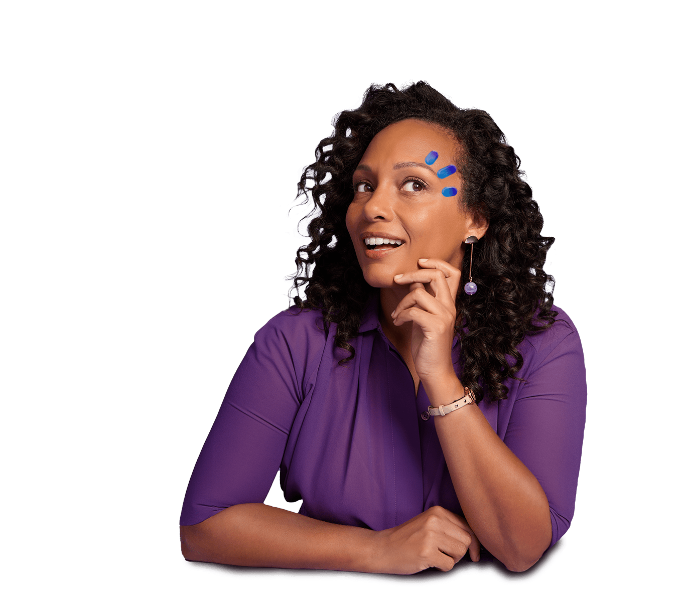 Woman in purple with three drops above her eye