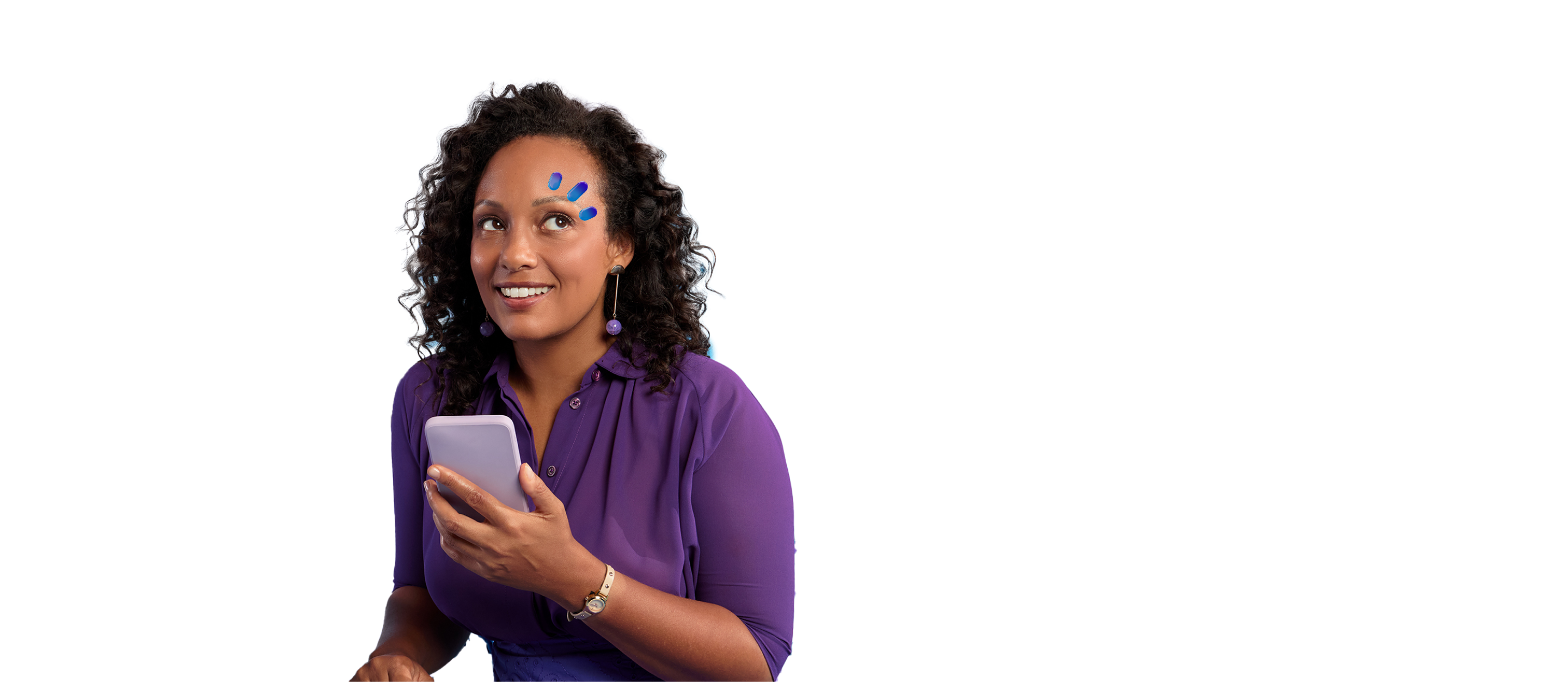 Woman in a purple shirt holding a phone