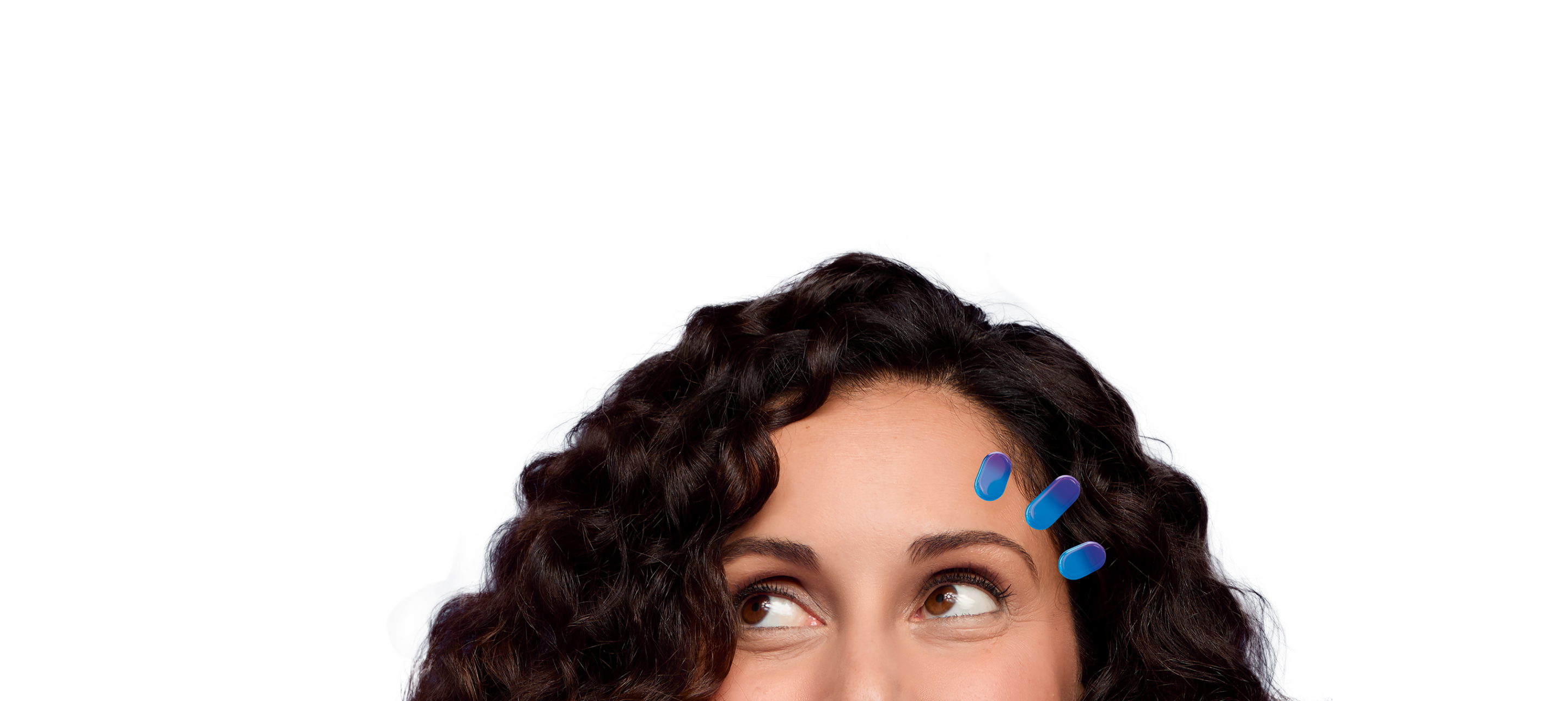 Woman's eyes looking up with three drops over her eye