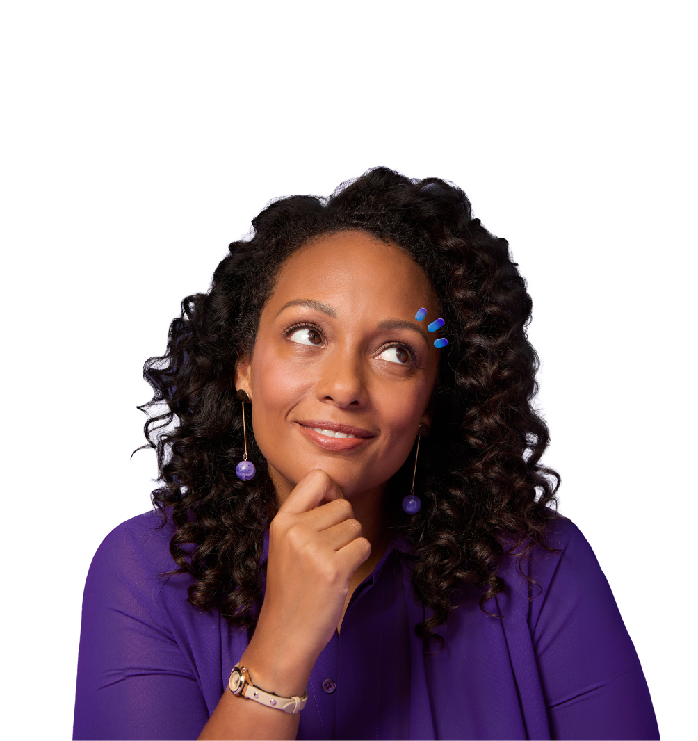 Woman resting her chin on her hand looking away with three drops above eye