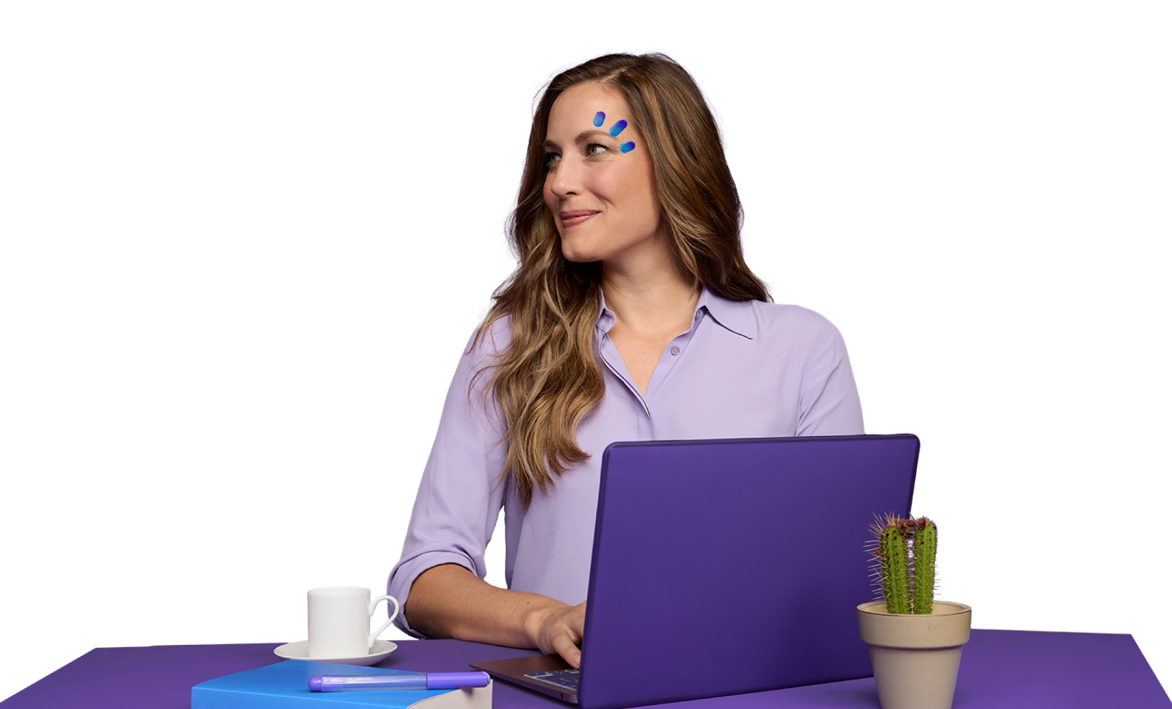 Woman with a computer and a cactus looking away with three drops above her eye