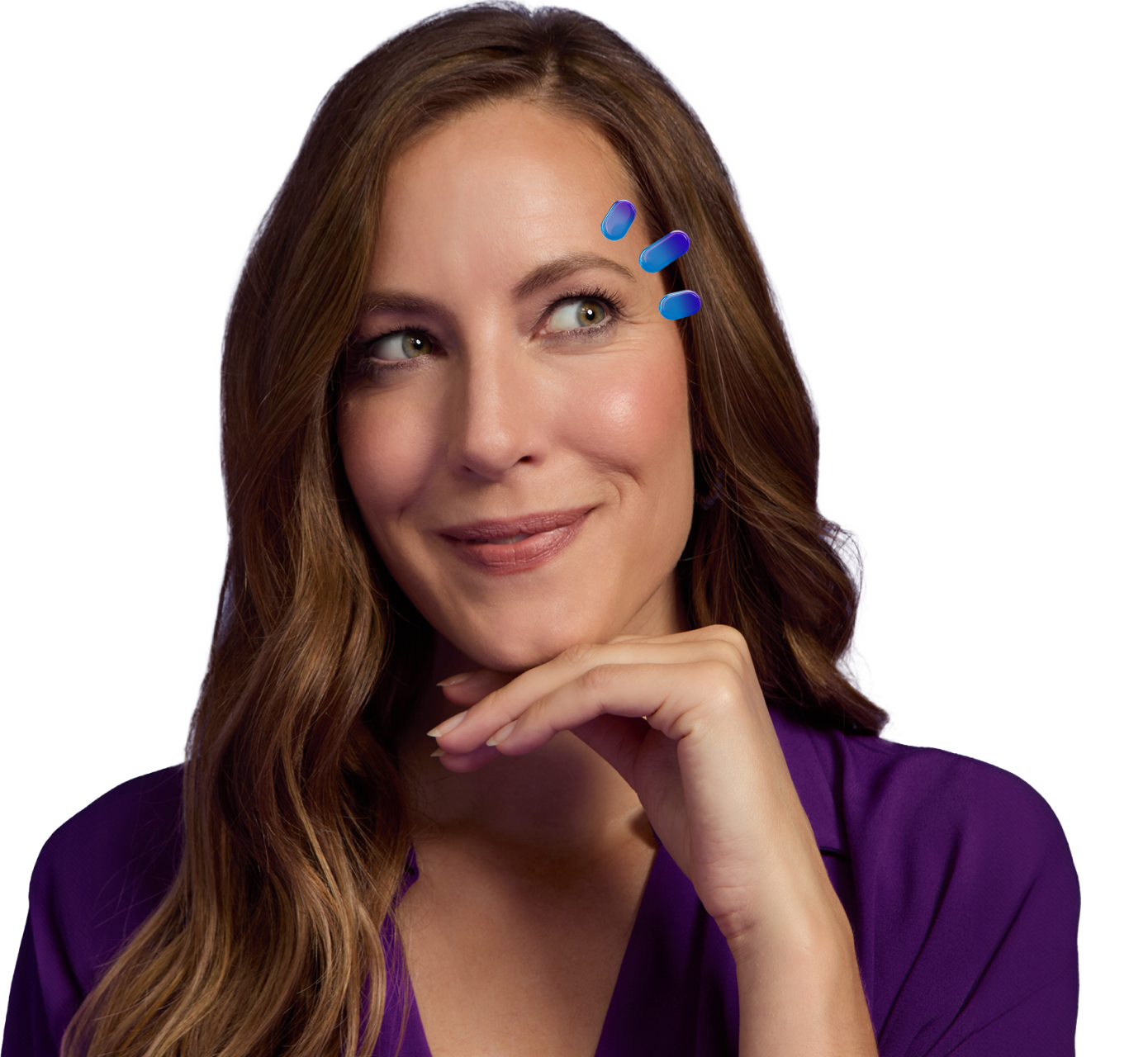 Woman resting hand on her chin with three drops above eye