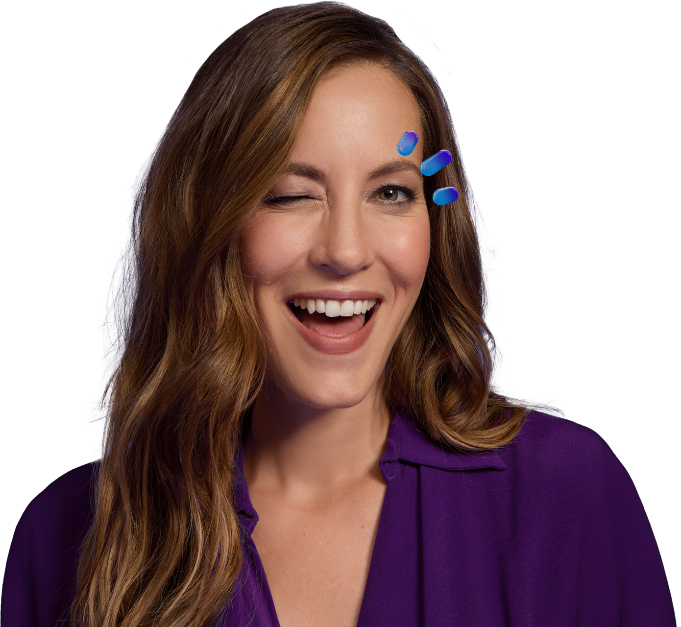 Woman in purple winking at camera with three drops above her eye