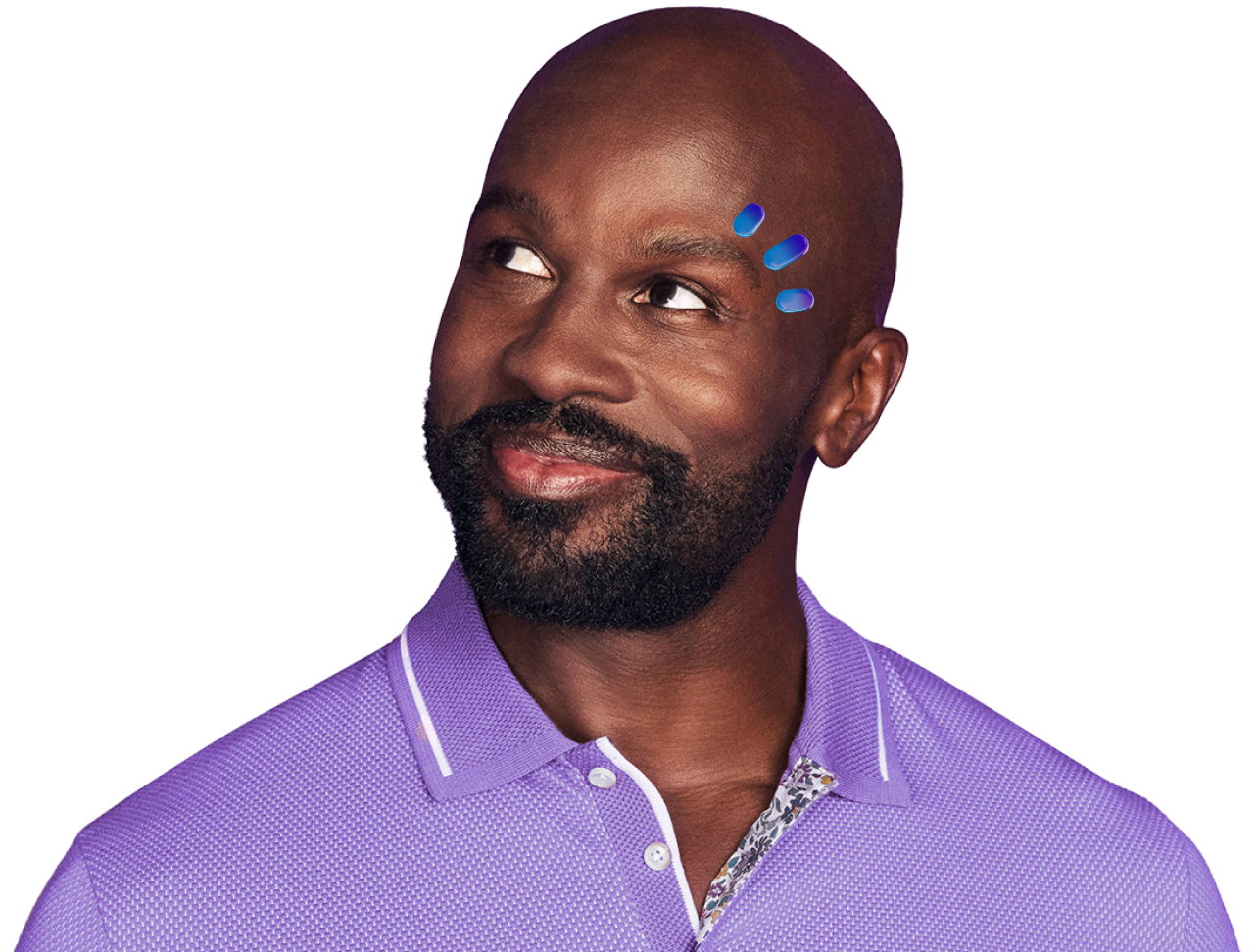 A man in a purple shirt smiling with three drops above his eye